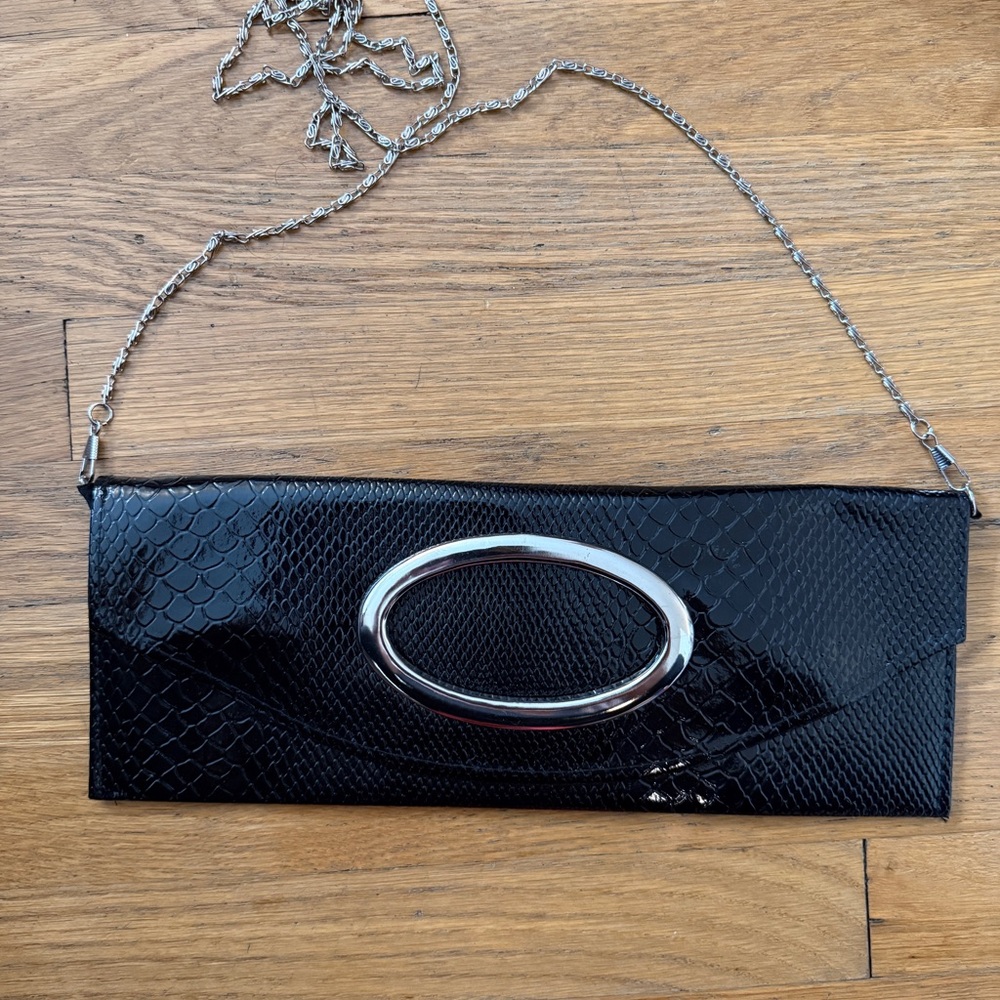 Black Snake-Embossed Chain Strap Clutch with Silver Accent